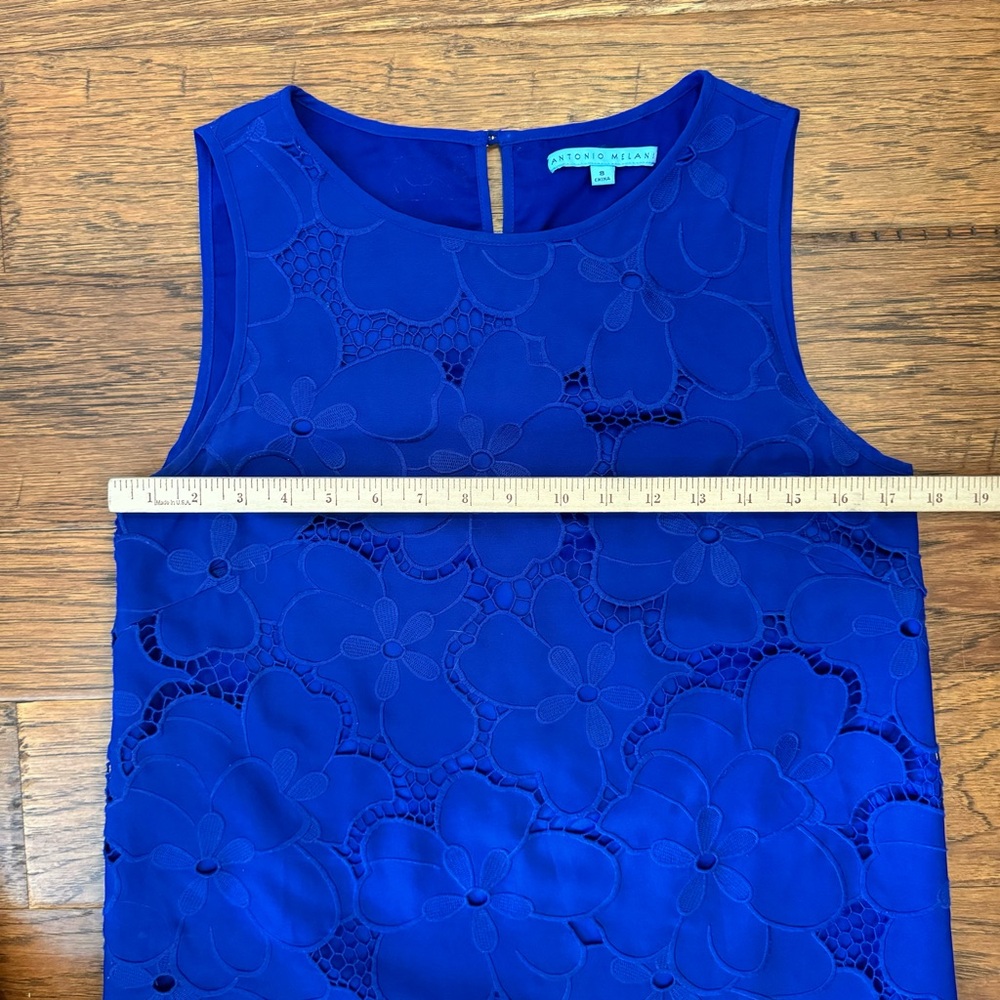 Antonio Melani Ghiaia Dress Blue Floral Lined Embroidered Overlay Midi Sheath 8 - Picture 10 of 11